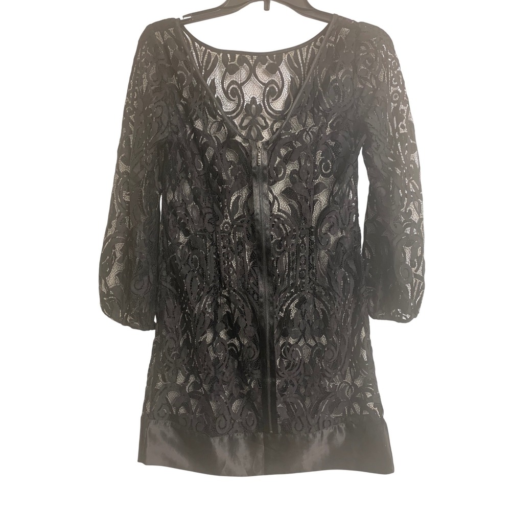 Black Whimsigoth Lace‎ Boho Dark Fairy Mini Dress Front Zip Satin Trim S